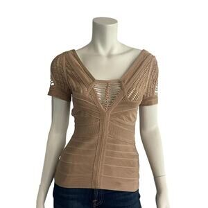 Herve Leger S Bandage Top Short Sleeve Zipper Back Corset Bustier Style Shirt